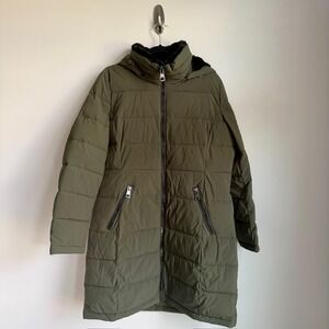Andrew Marc Parka Womens Large Olive Green Stretch Hooded Puffer Faux Fur‎ Lined